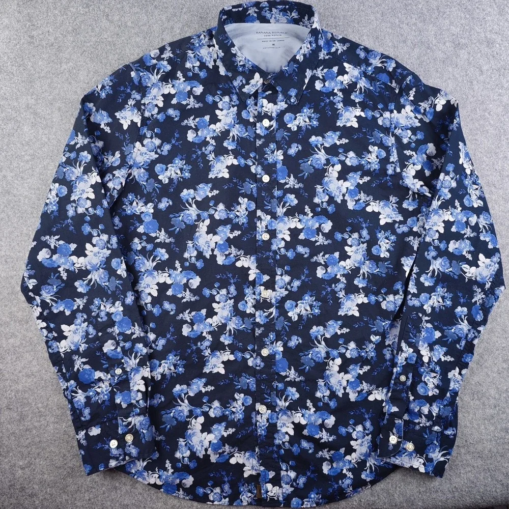 Banana Republic Luxe Poplin Shirt Mens Medium Untucked Slim Fit Blue Floral